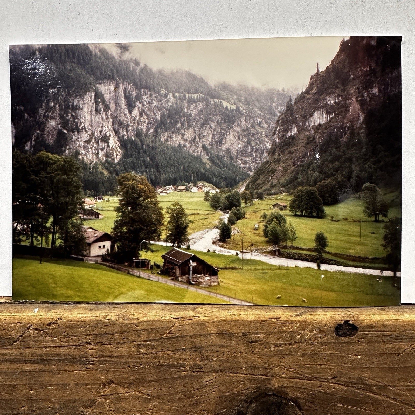 Vintage Lauterbrunnen Switzerland Valley Found Photo River House Bridge Sheep