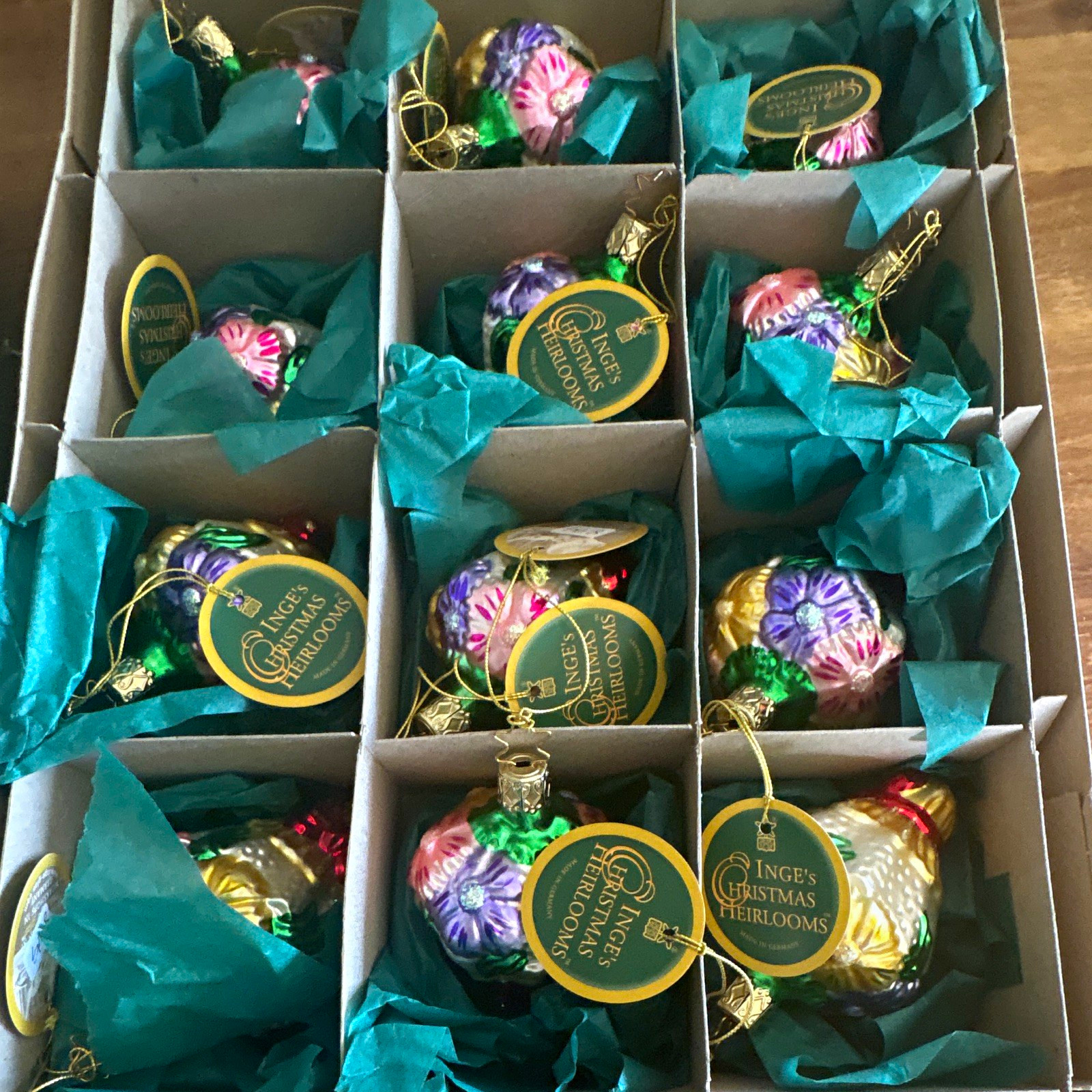 Lot of 12 New INGE-GLAS German Glass Ornaments Christmas Heirlooms Flower Basket