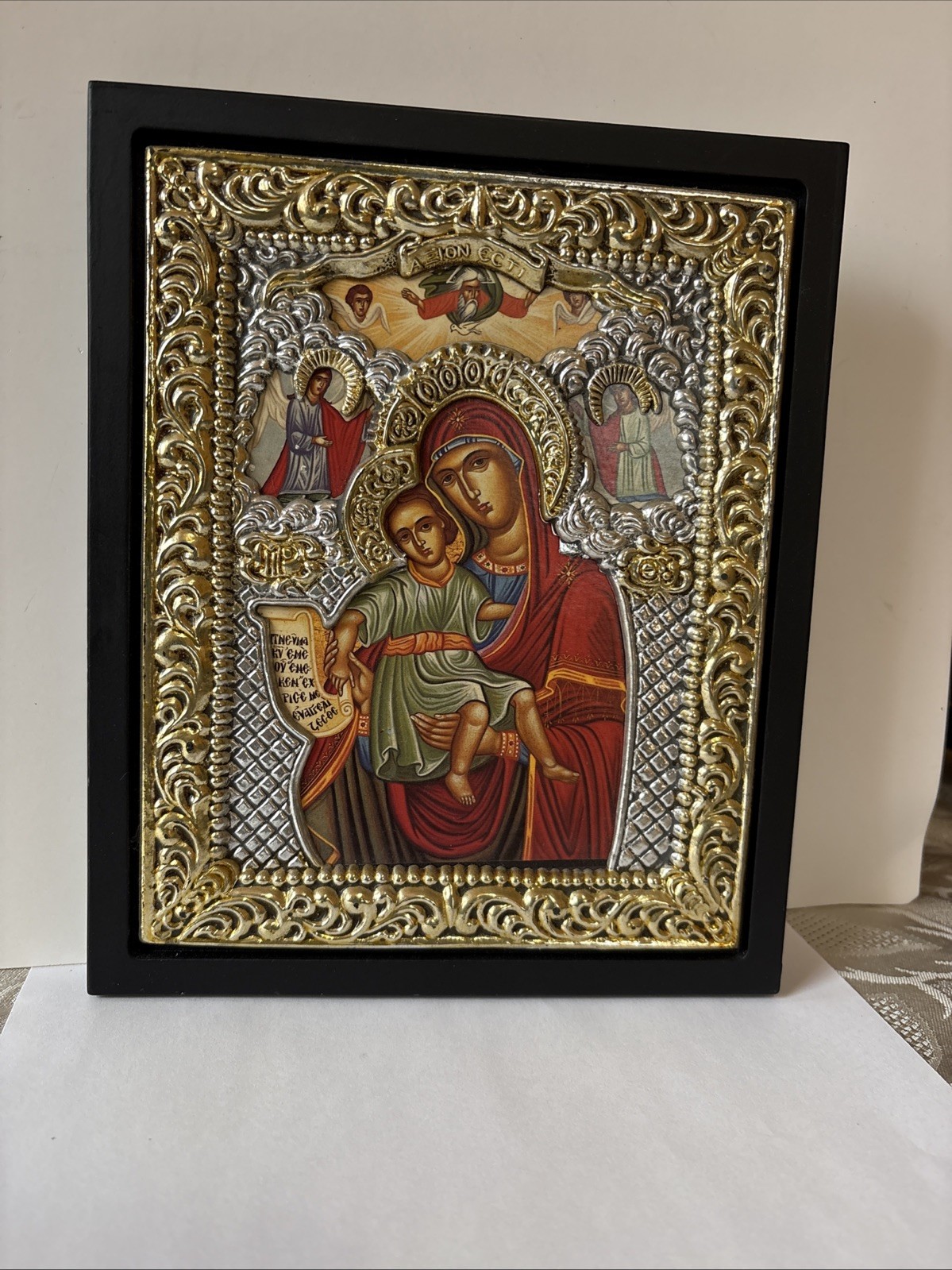 Vintage Religious Icon MARY & BABY JESUS Silver Gold Trim 6 x 7.5” Blessed