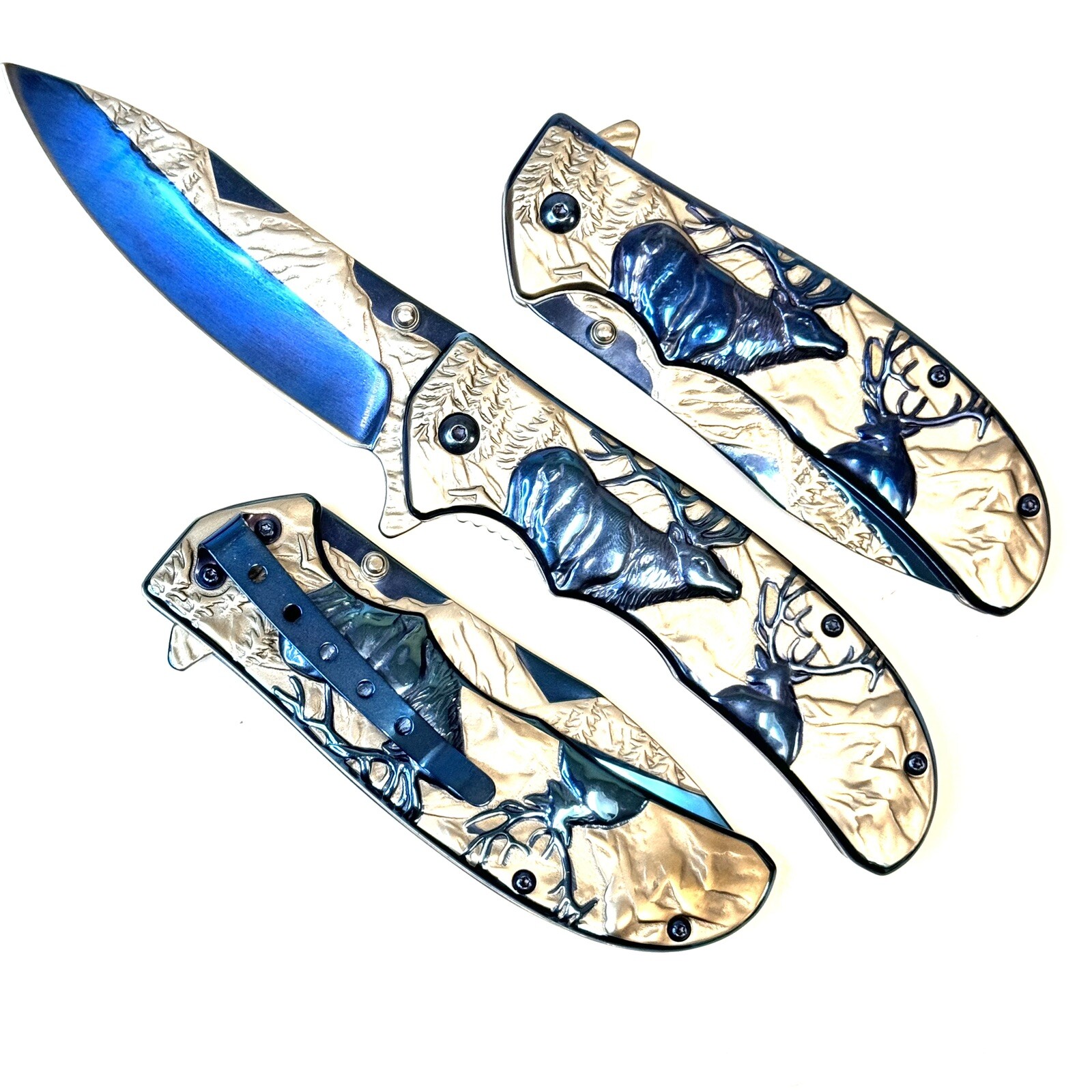 8.5” Elk Embossed Pocket Knife Blue Titanium coating  quick Open EDC