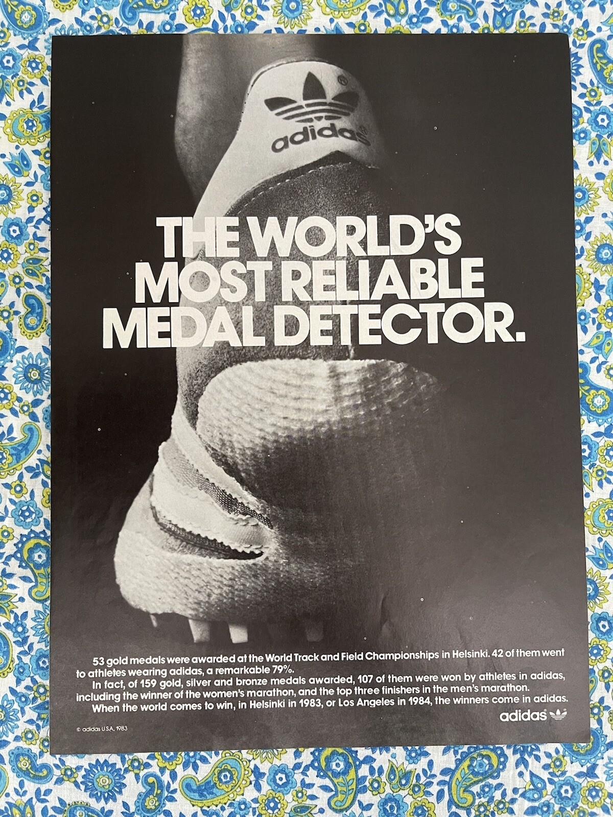 Vintage 1983 Adidas Athletic Shoes Print Ad Medal Detector Olympic Medal
