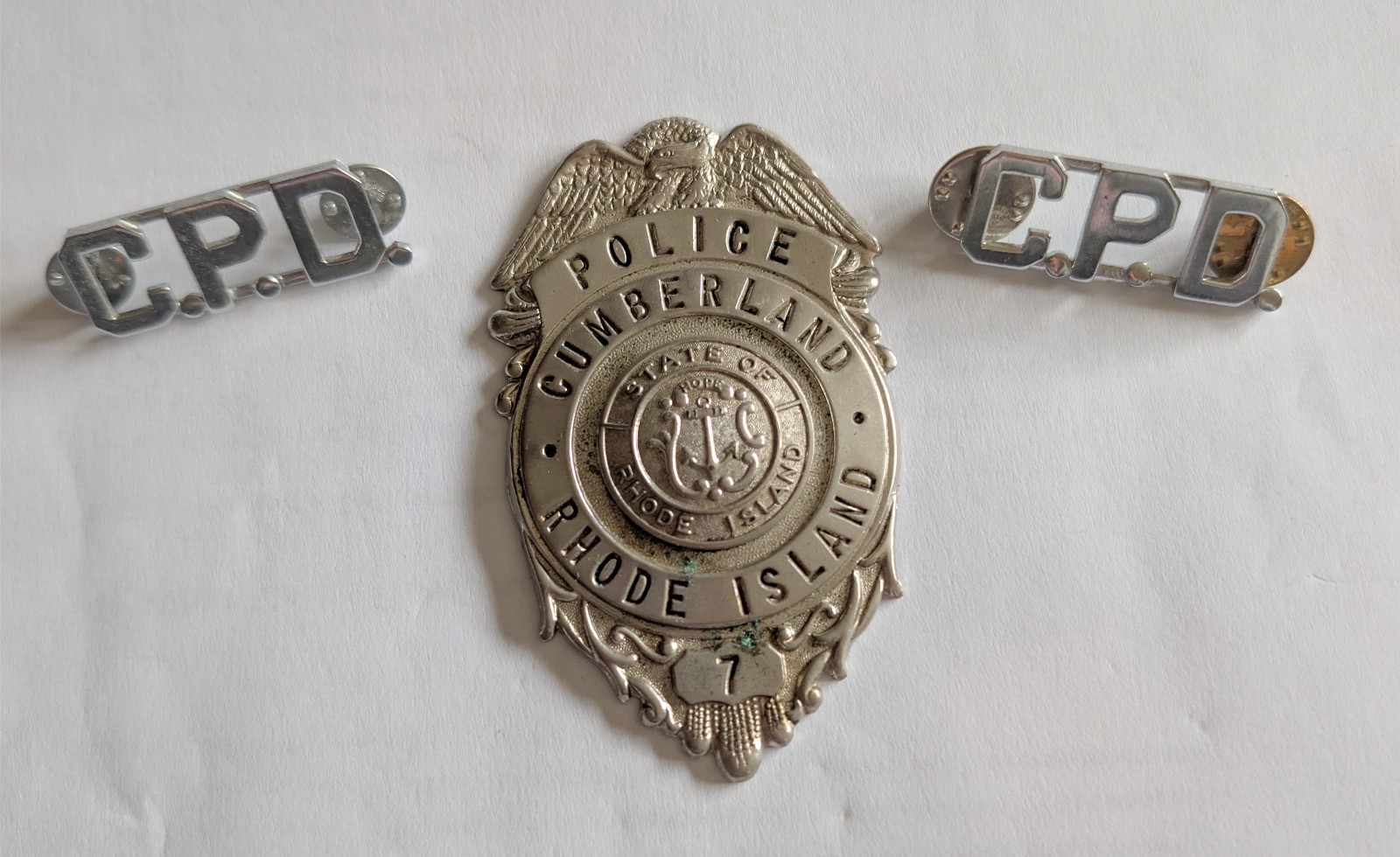 Vintage Obsolete Cumberland RI Police Badge & Matching Collar Pins