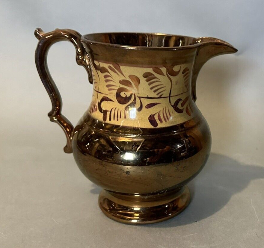 Antique English Copper Luster Ware Gold Leaf Band Pottery Pitcher 19th C