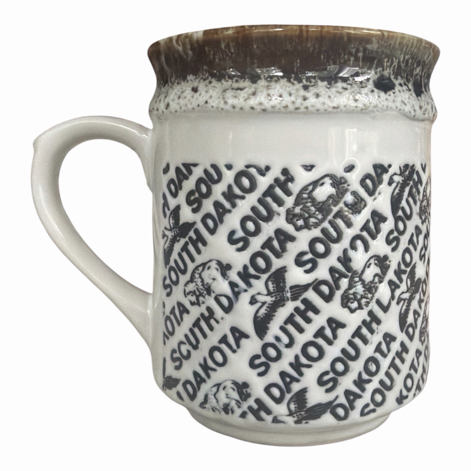 Vintage South Dakota Souvenir Coffee Mug Embossed Words Drip Glaze Ceramic Japan