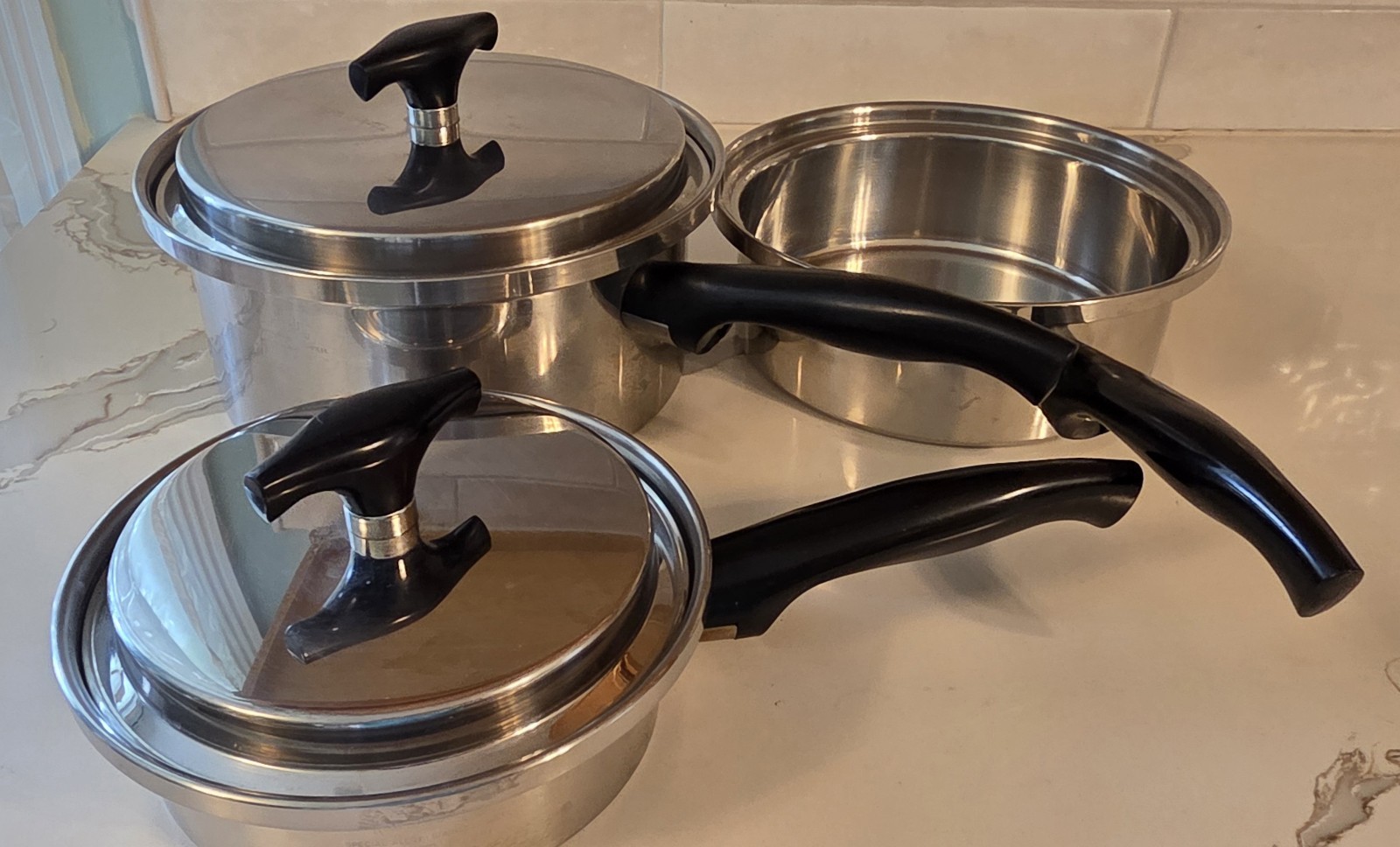5 pc Vtg Kitchen Craft 18-8 3 ply Stainless Steel Pan Set 3 Qt- 2 Qt - 1 Qt