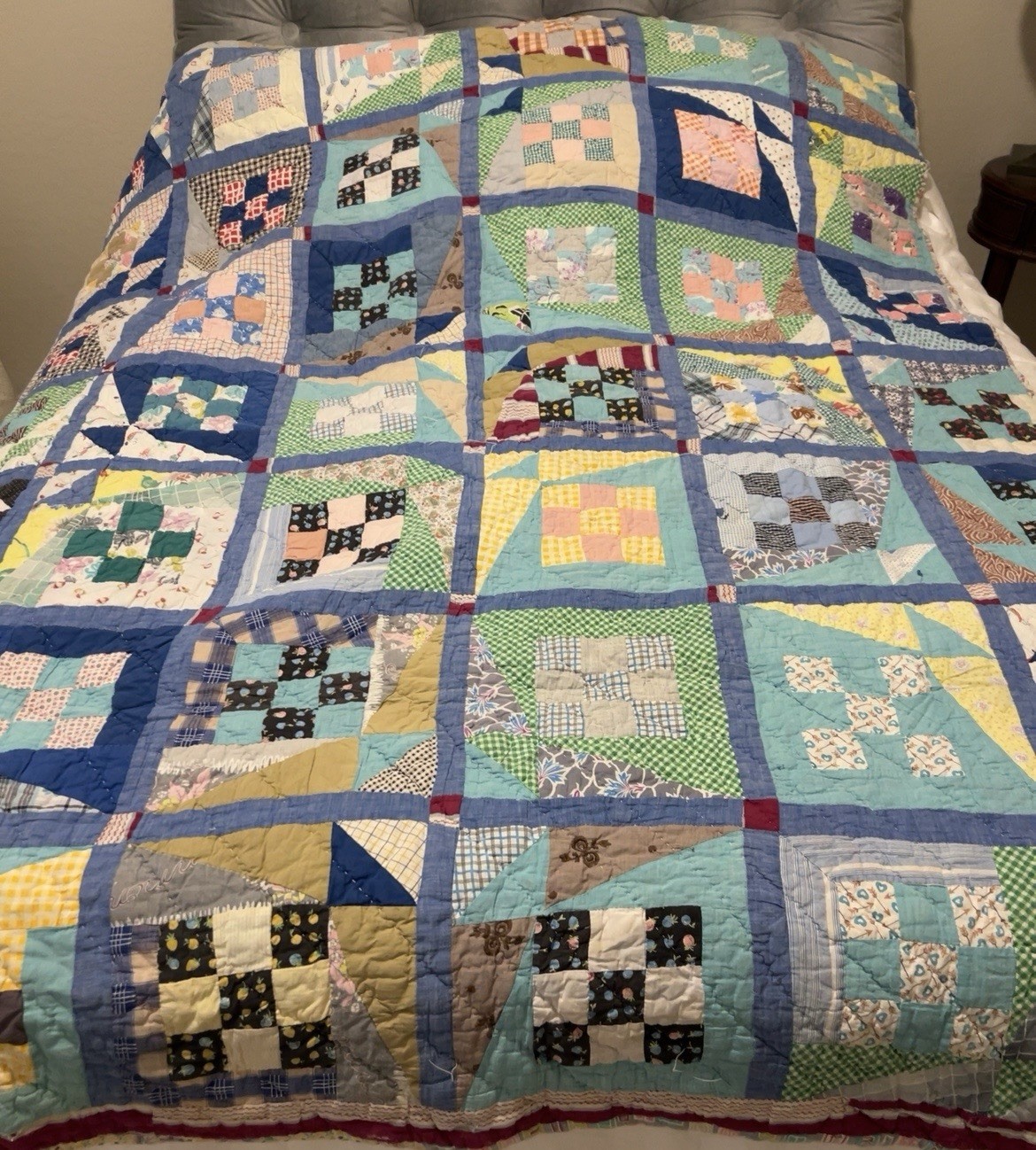 Vintage Square-in-a-Square (Economy Block) Scrap Quilt 85 X 64 Vintage Square-in-a-Square (Economy Block) Scrap Quilt 85 X 64