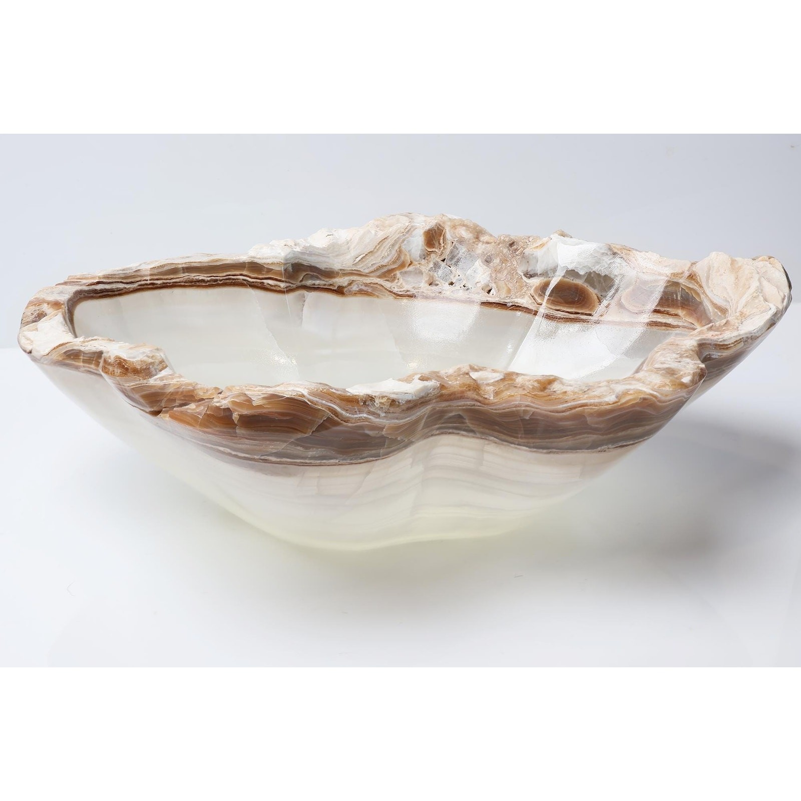 Hand Carved Mexican Amber Onyx Bowl – Natural Banded Calcite Centerpiece