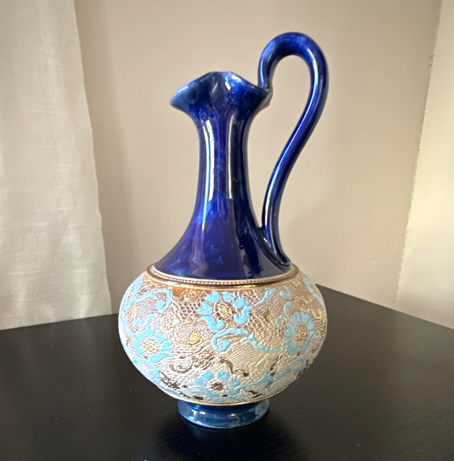 Antique Doulton Lambeth Slater’s Patent Ewer Cobalt Blue Turquoise Gold