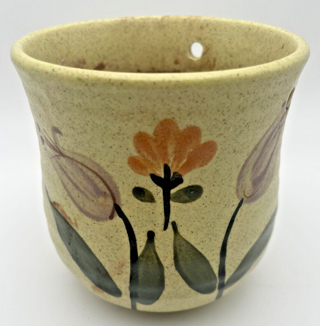 Vintage Yellow Ceramic Hanging Planter Hand Painted Floral Boho Folk Art 4in