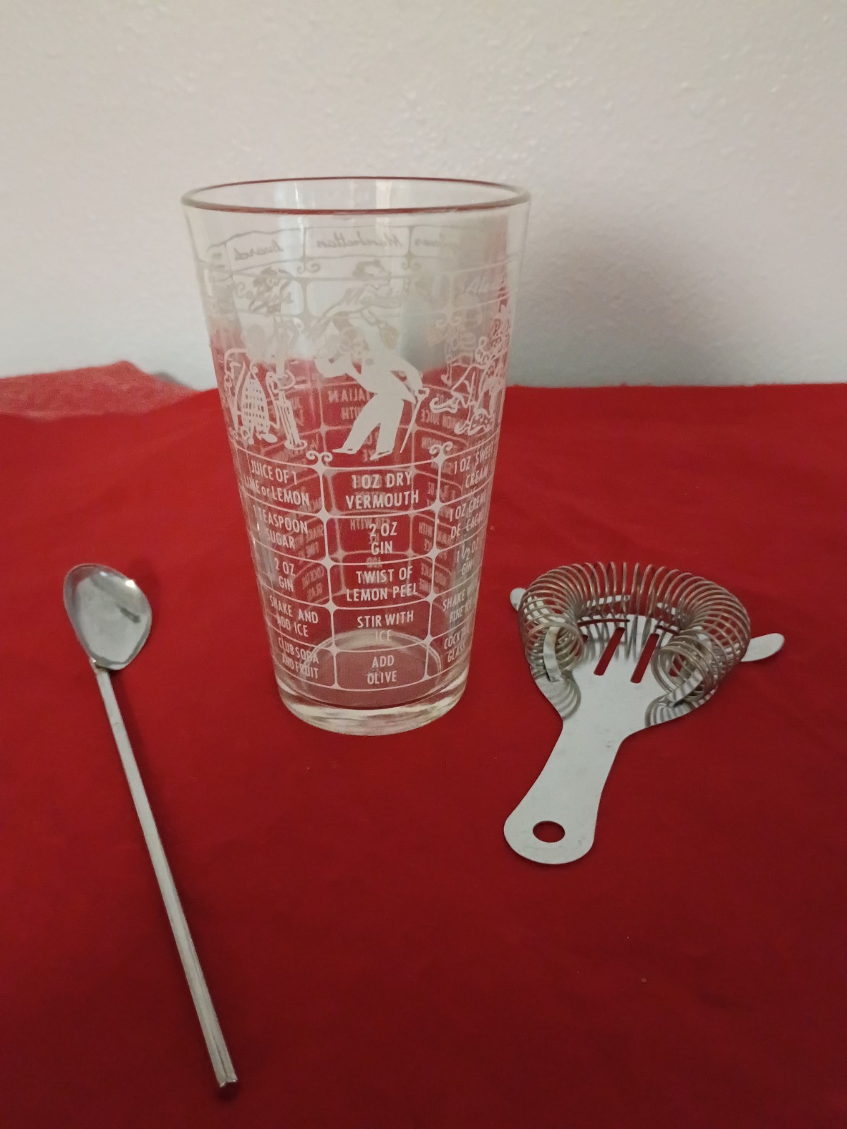 Vtg Drink Glass Mixer Cocktail Bar Ware White Print with Strainer and 1 Spoon