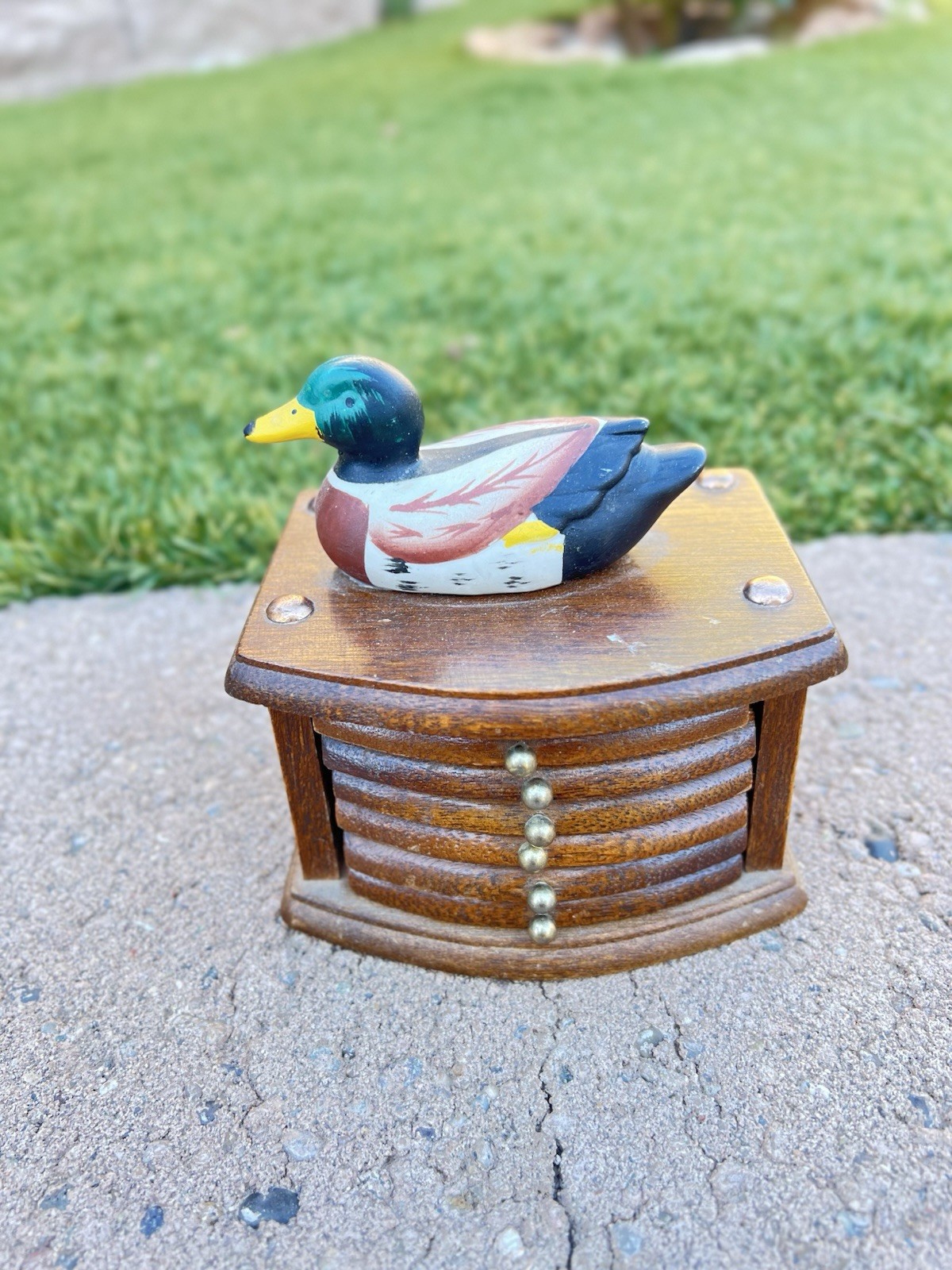 Vintage 1982 Albert E. Price Wooden Mallard Duck Coaster Set of 6 Cork Wood