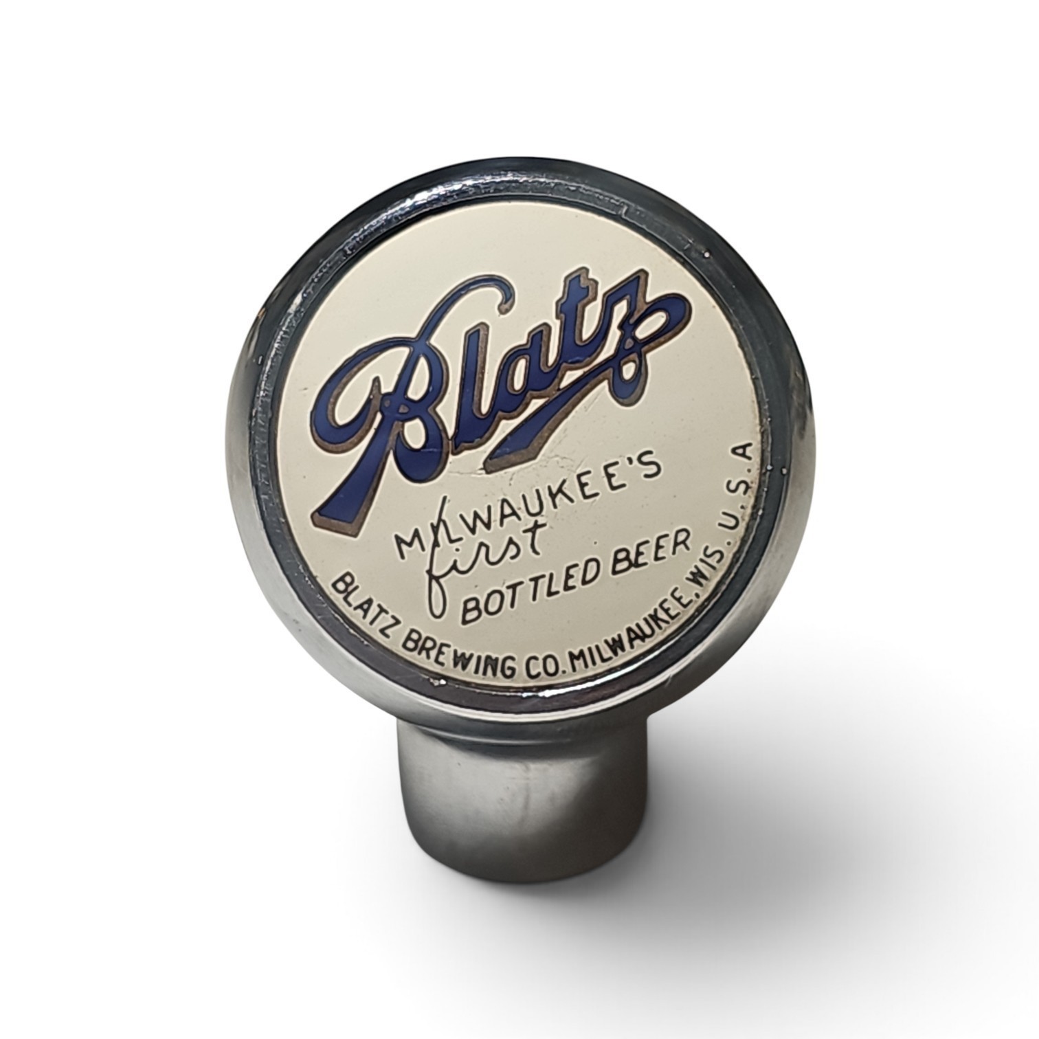Vintage Blatz Milwaukee\'s First Beer Round Ball White Enamel Tap Chrome Robbins