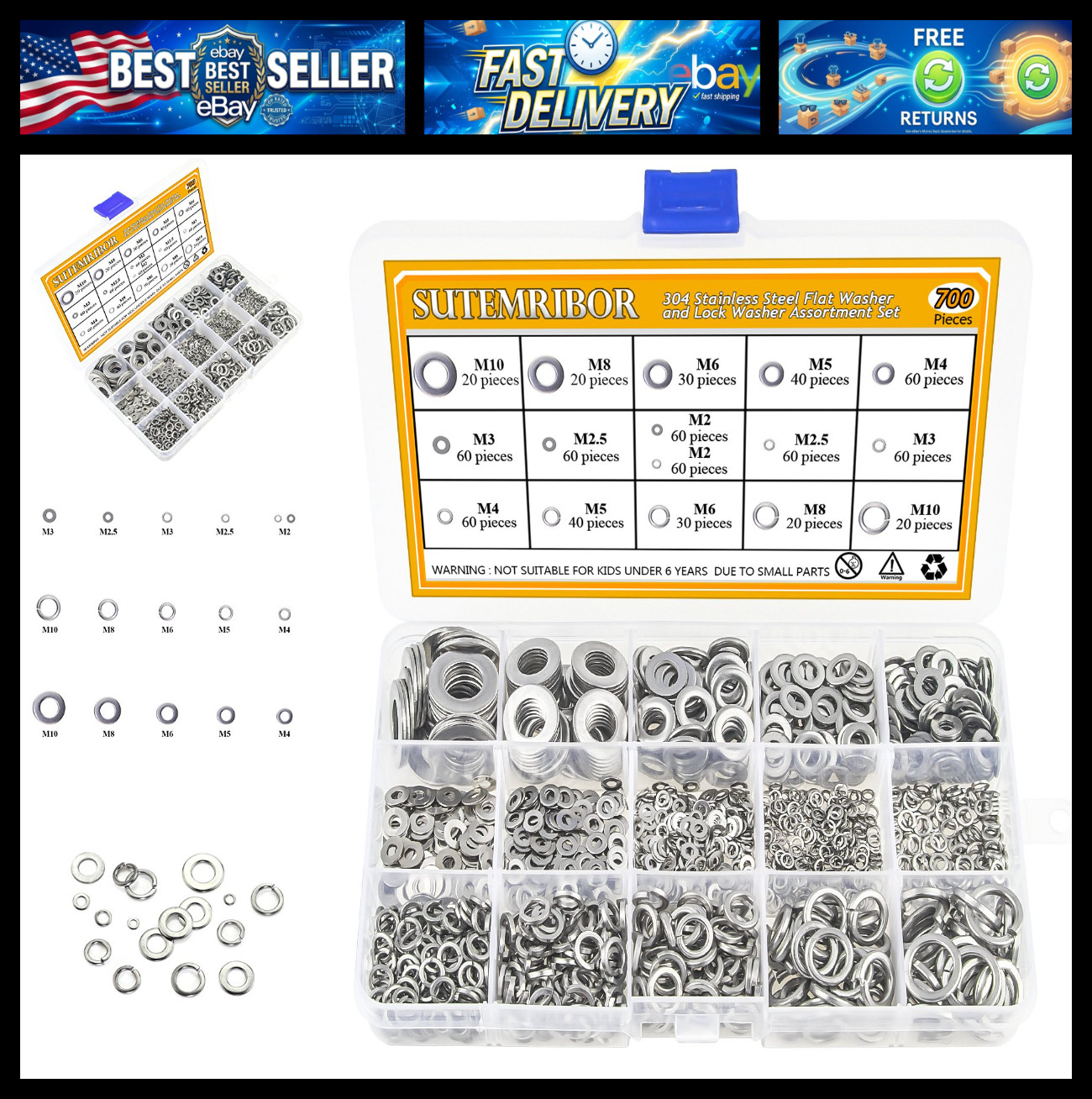 304 Stainless Steel Flat Washer and Lock Washer Assortment Set 700 Pieces, 8 Siz