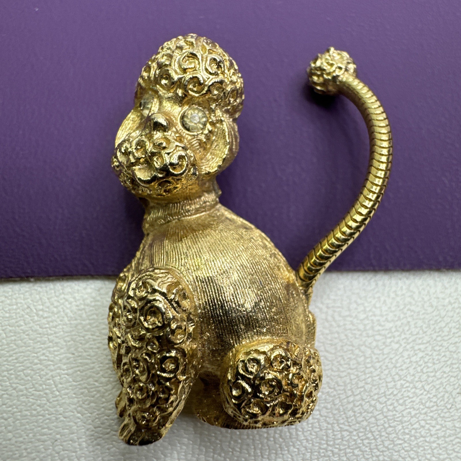 Adorable Poodle Vintage Gold Tone Rhinestone Eyes Moveable Table