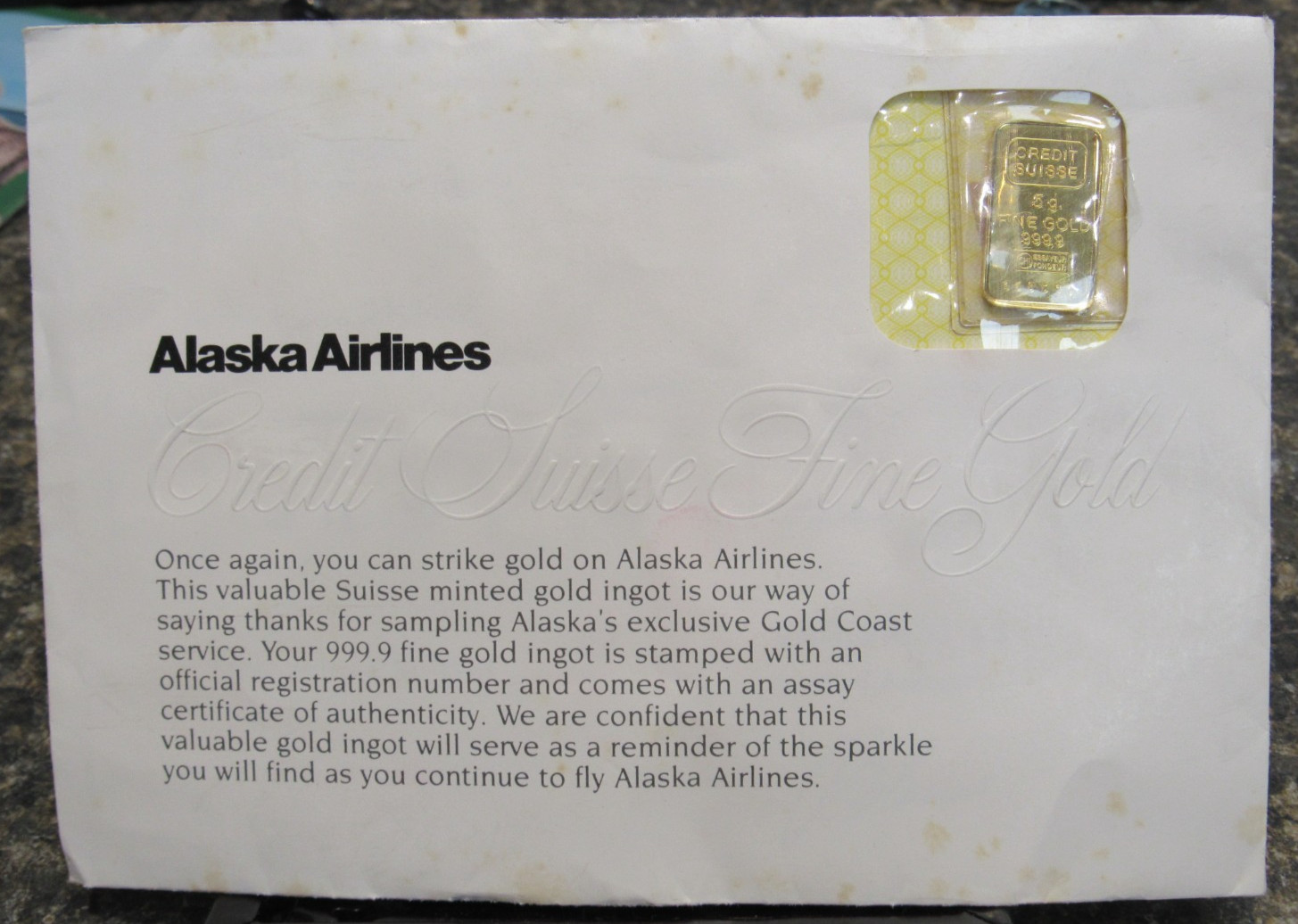 Vintage 1981 Credit Suisse 5g Gold Bar .9999 Fine Sealed Assay Alaska Airlines
