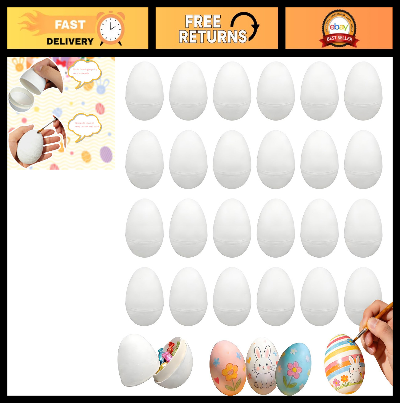 24 Pcs Blank Paper Mache Easter Eggs - Fillable Paintable DIY Craft Eggs 3.15