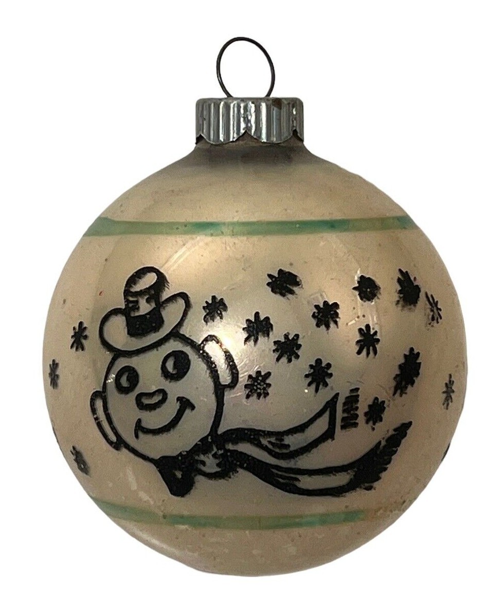 HTF Vintage Shiny Brite Stenciled Frosty Snowman White Green Stripe Ornament USA