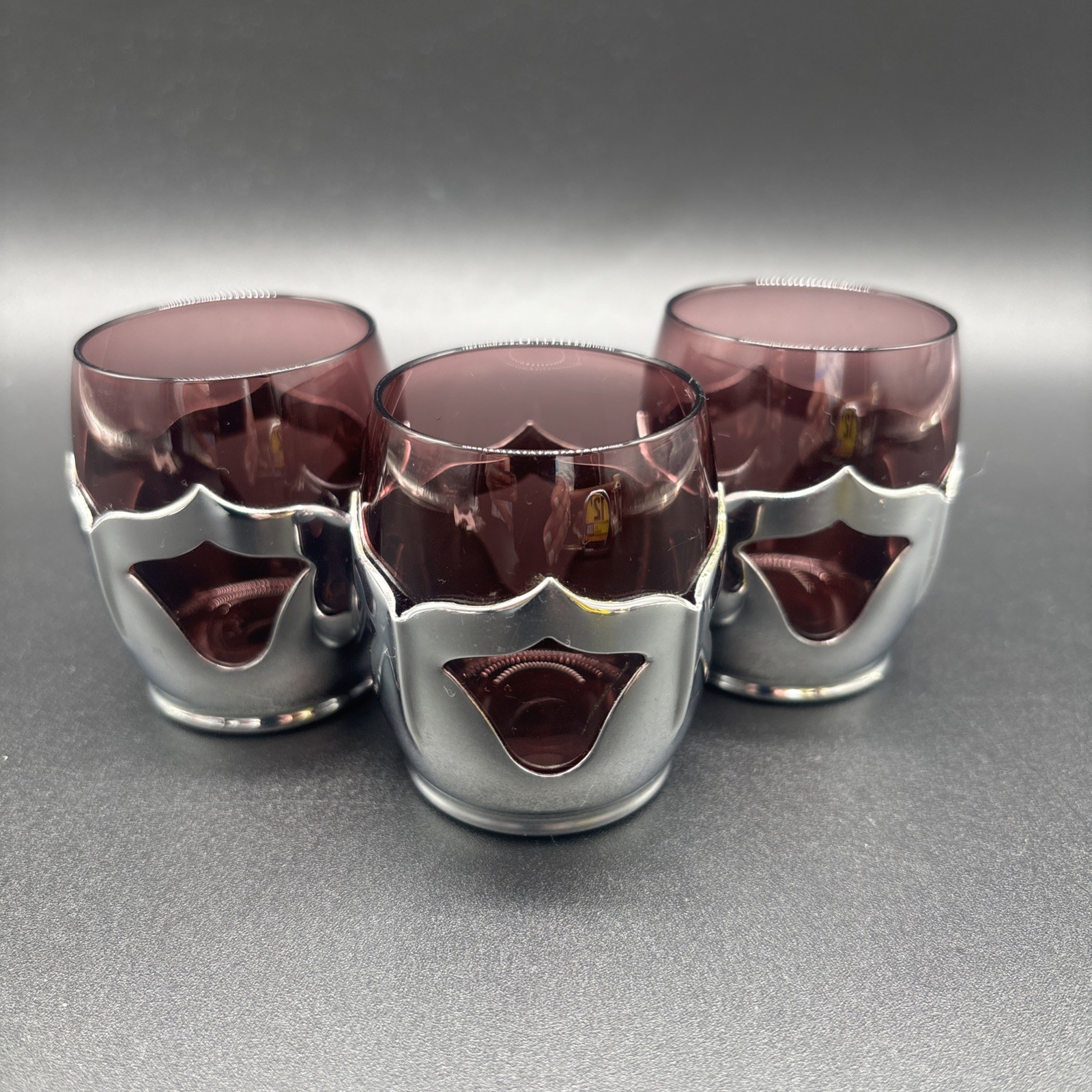 Vintage Farber Bros. Krome Kraft Amethyst Glass & Chrome Set of 3 Cordial Shot
