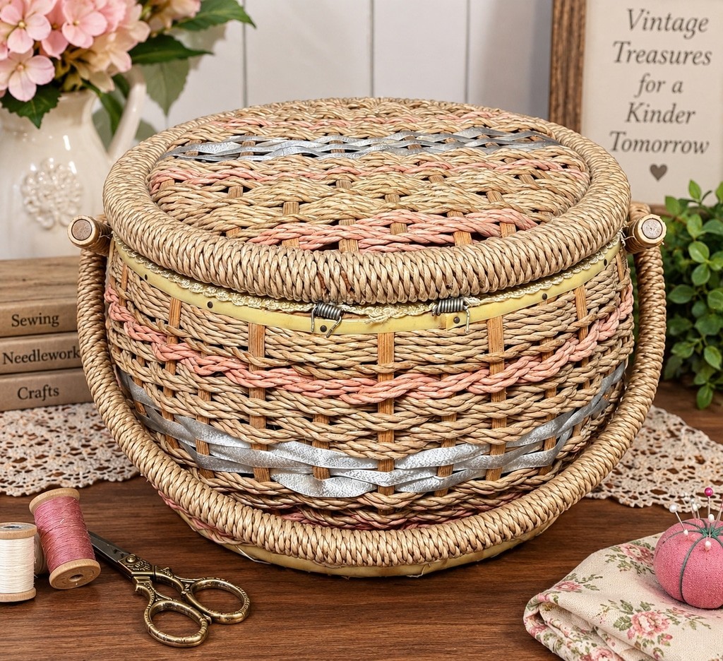 Vintage 1960s Norleans Japan Woven Sewing Basket Round Satin Lined Pink Silver