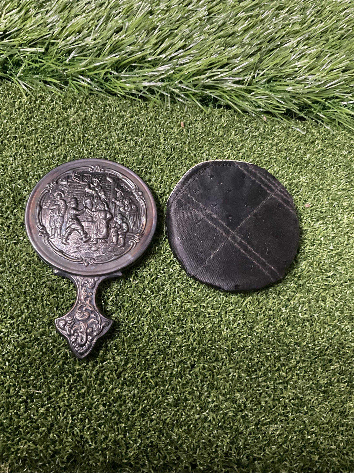 Victorian Ladies Pocketbook Purse Silver Hand Mirror with Black Satin Cover