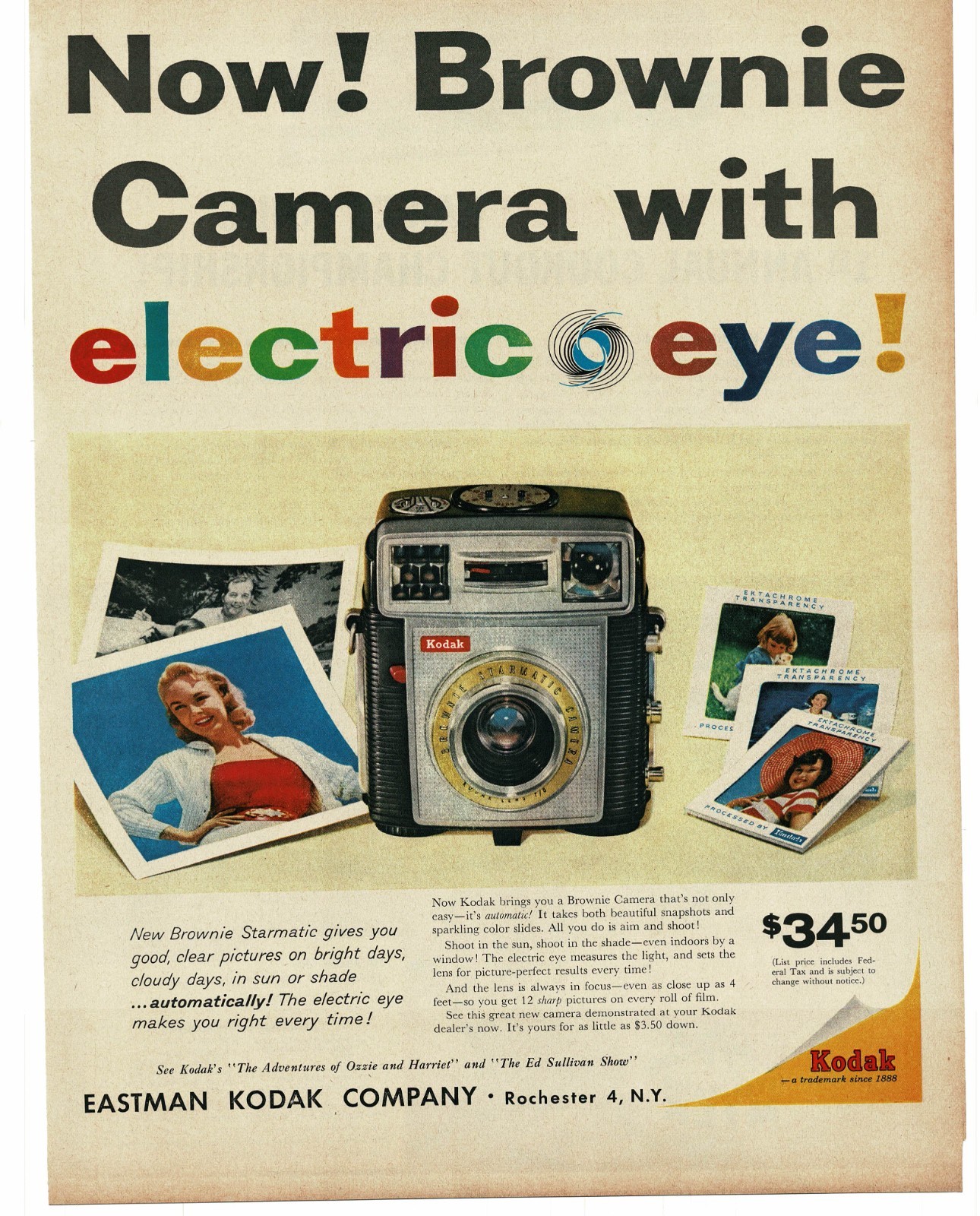 1959 Kodak Brownie Starmatic Box Camera with Electric Eye Vintage Print Ad
