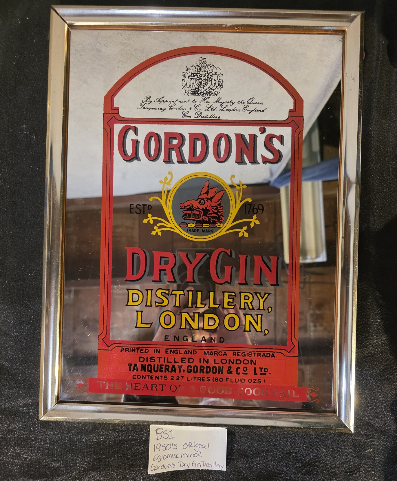 1950s Vintage Gordon's Dry Gin Distillery Orignal Eglomise Mirror