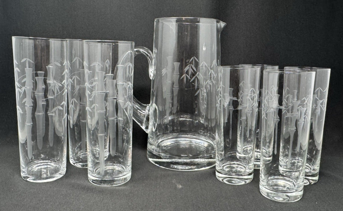 Vintage Noritake Sasaki Etched Bamboo 8pc Set Pitcher & Tumbler Glasses Vintage Noritake Sasaki Etched Bamboo 8pc Set Pitcher & Tumbler Glasses