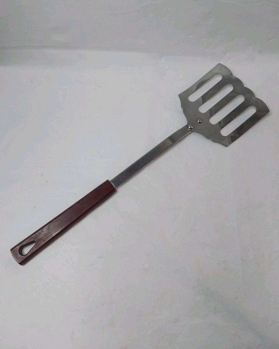 Vintage Kaylan Stainless Steel Slotted Spatula Red Bakelite Handle 1950s MCM