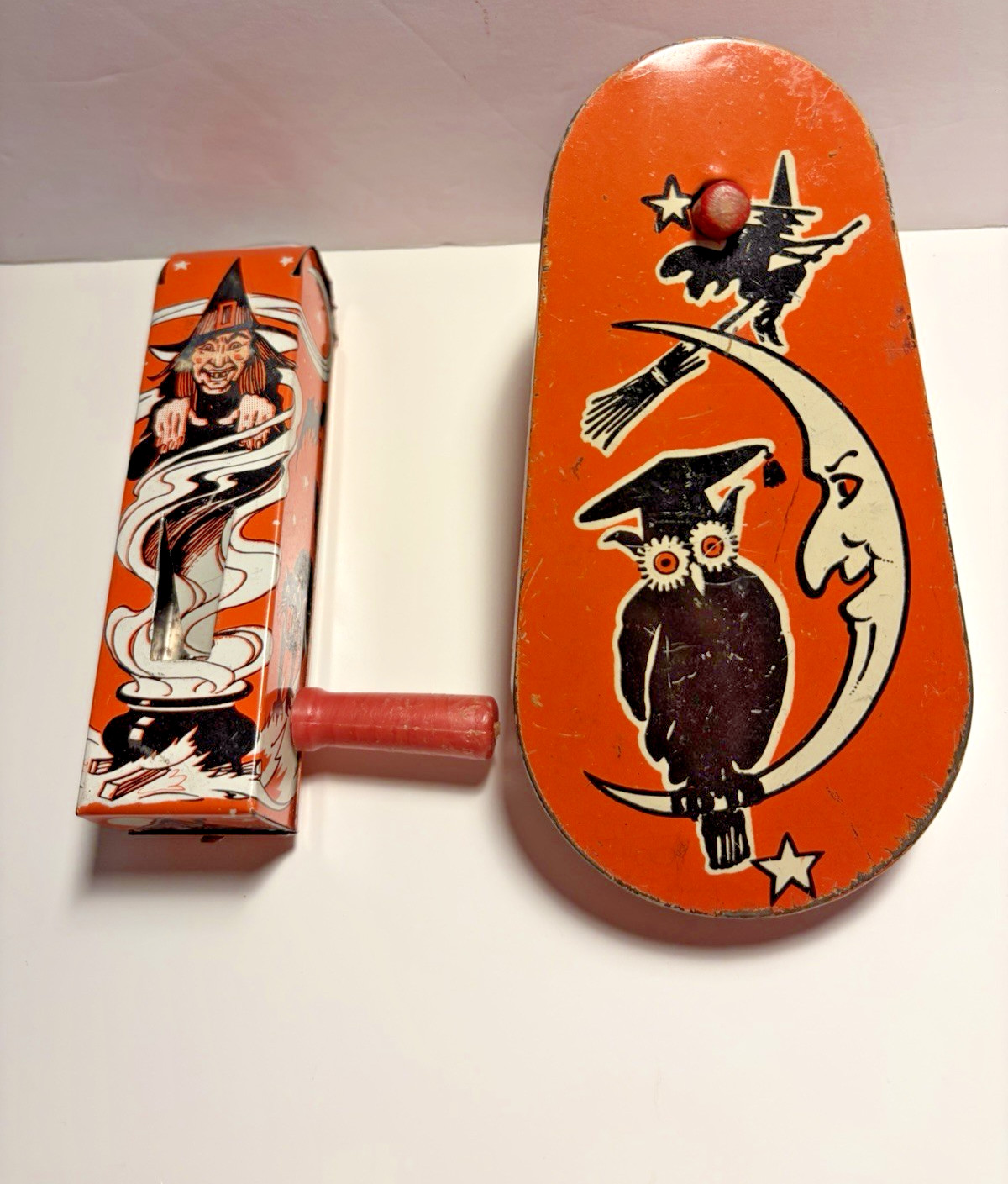 Two Vintage Tin Litho Halloween Noisemakers Kirchhof & U.S. Metal Wood Handles Two Vintage Tin Litho Halloween Noisemakers Kirchhof & U.S. Metal Wood Handles