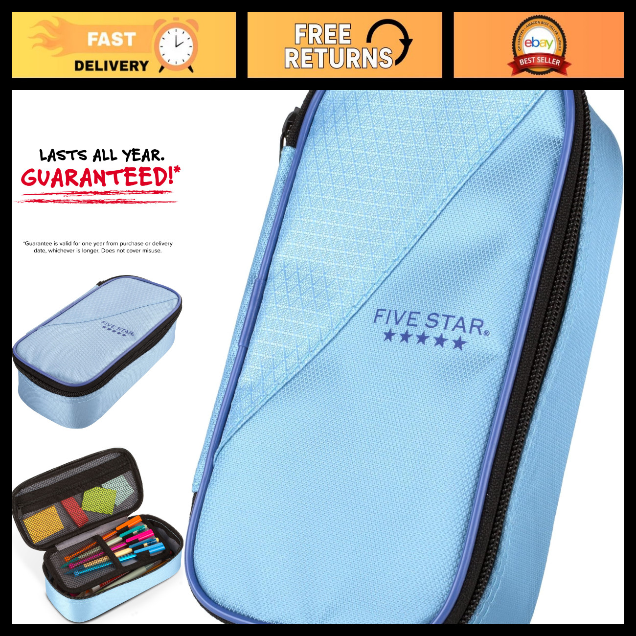 High-Capacity Pencil Pouch, Zipper Pen Case, School Supply Organizer, Blue Denim