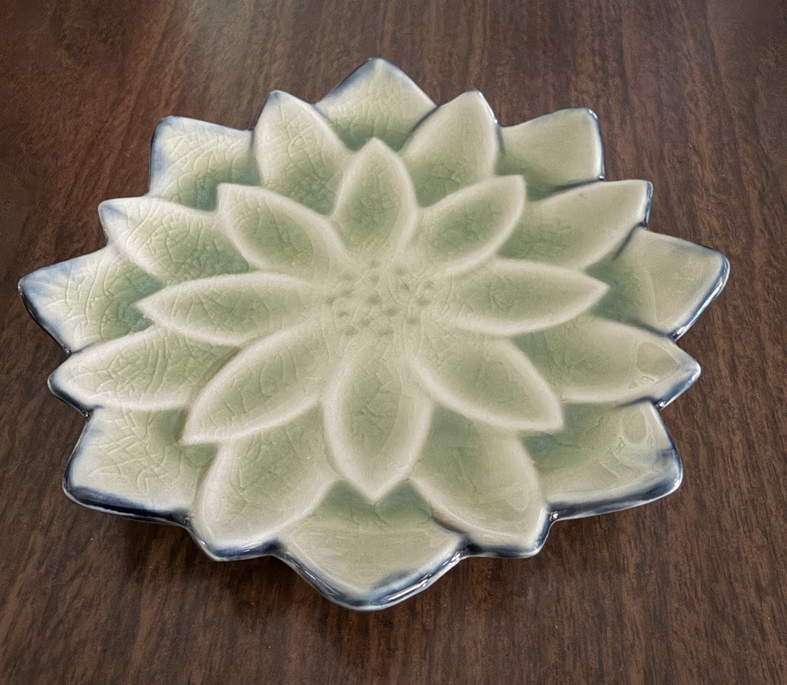 Vintage Kotobuki Japan Celadon Lotus Flower Trinket Dish Small Plate Crystalline