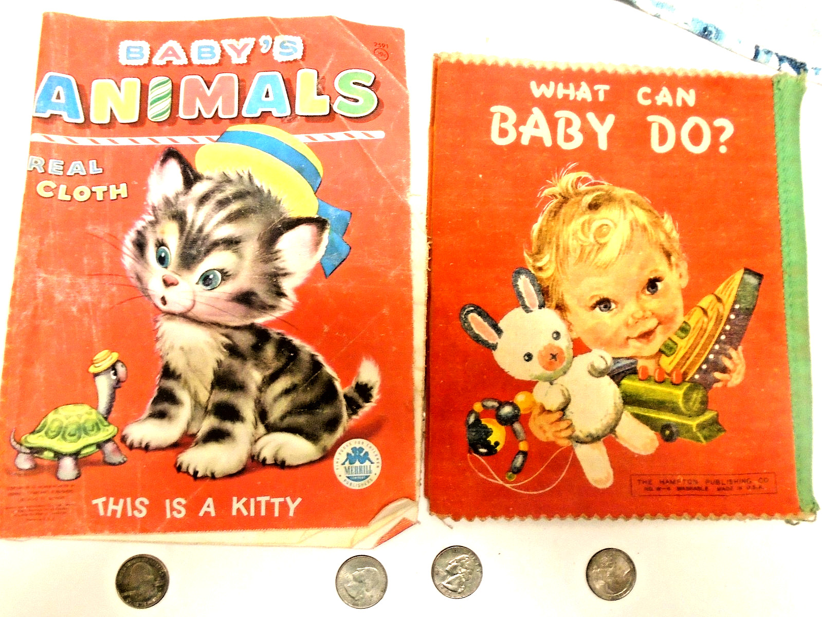 (2) scarce 1957 Child  Cloth Books -What can Baby do ? & BABY\'s ANIMALS