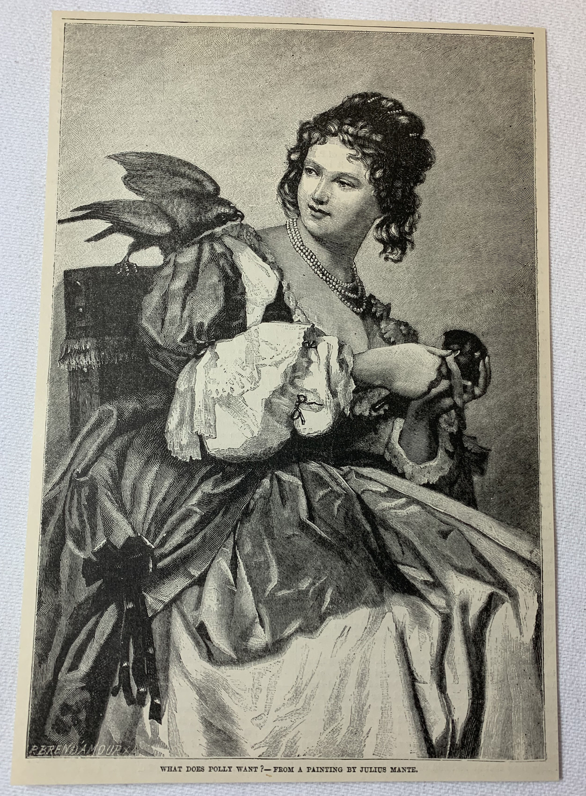1885 magazine engraving ~ WHAT DOES POLLY WANT? ~ Woman With Her Parrot