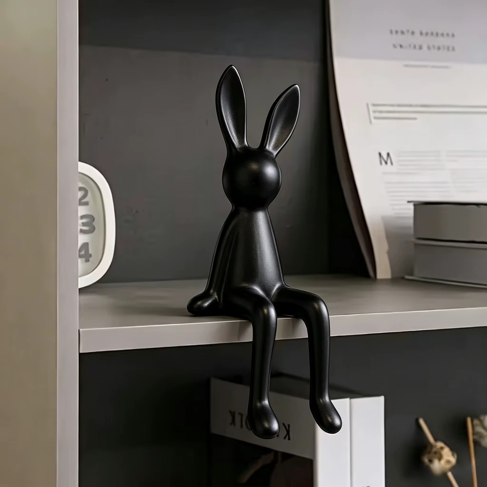 **3D Printed Rabbit Figurine Shelf Edge Ornament - Minimalist Bunny Desk Decor**