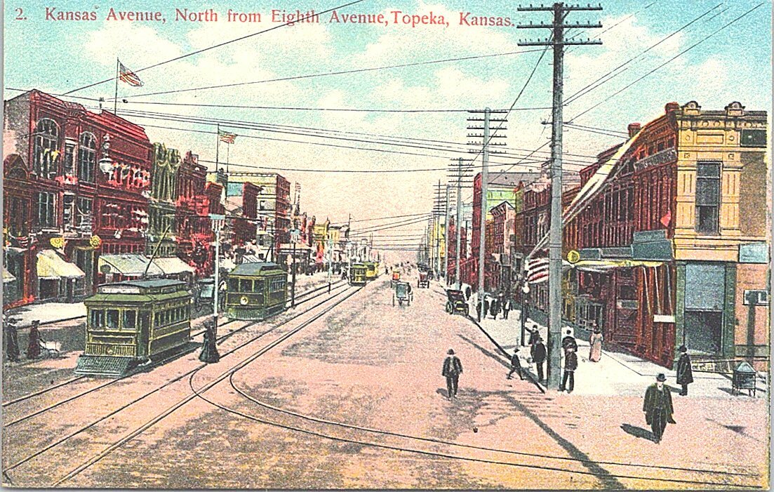 Lithograph Topeka KS Downtown Street Scene Streetcars early 1900s