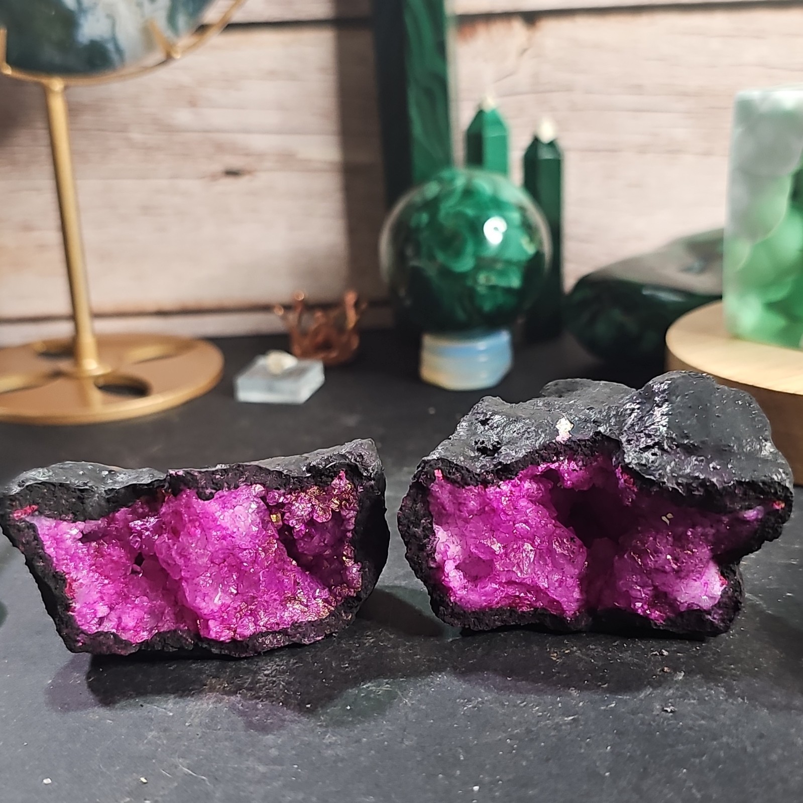 Pink Dyed Quartz Geode Pair Druzy Crystal Cave Half Geode Display Specimen 7oz