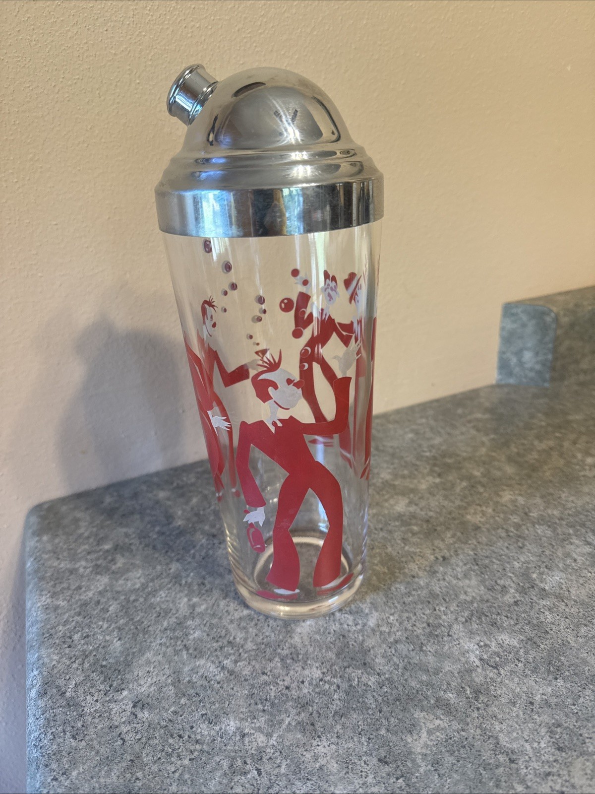 Vtg 1960s MCM Cocktail Shaker Red & White Clown Motif 10.5