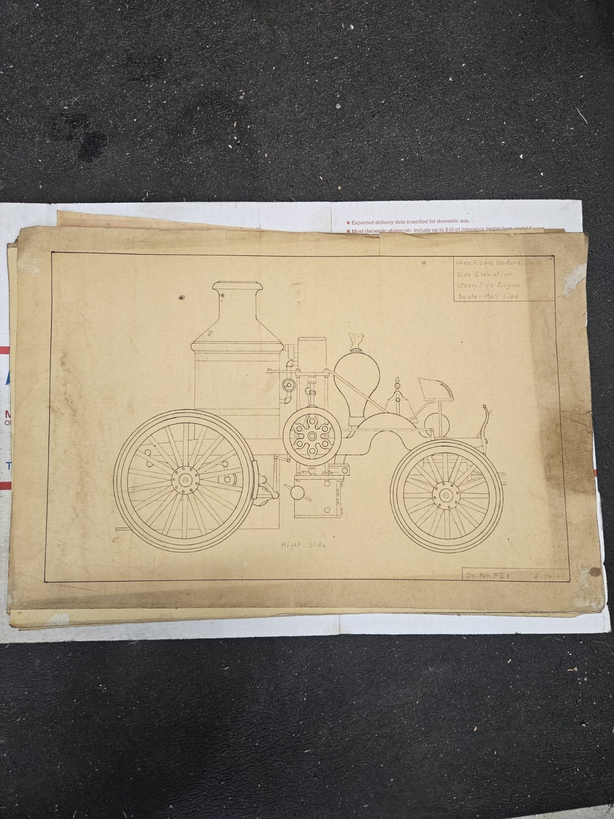 Vintage Chas A Cole Steam Fire Engine Blueprints