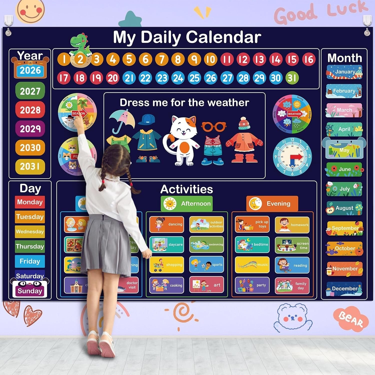 My Daily Calendar for Kids, 3.3Ft Felt Board for Toddler Kids Preschool Calen...