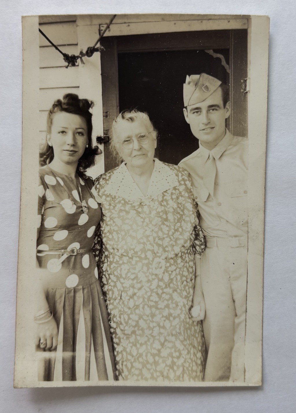 Vintage Photo Soldier in Uniform Pretty Woman Polka Dot Dress Elderly Woman