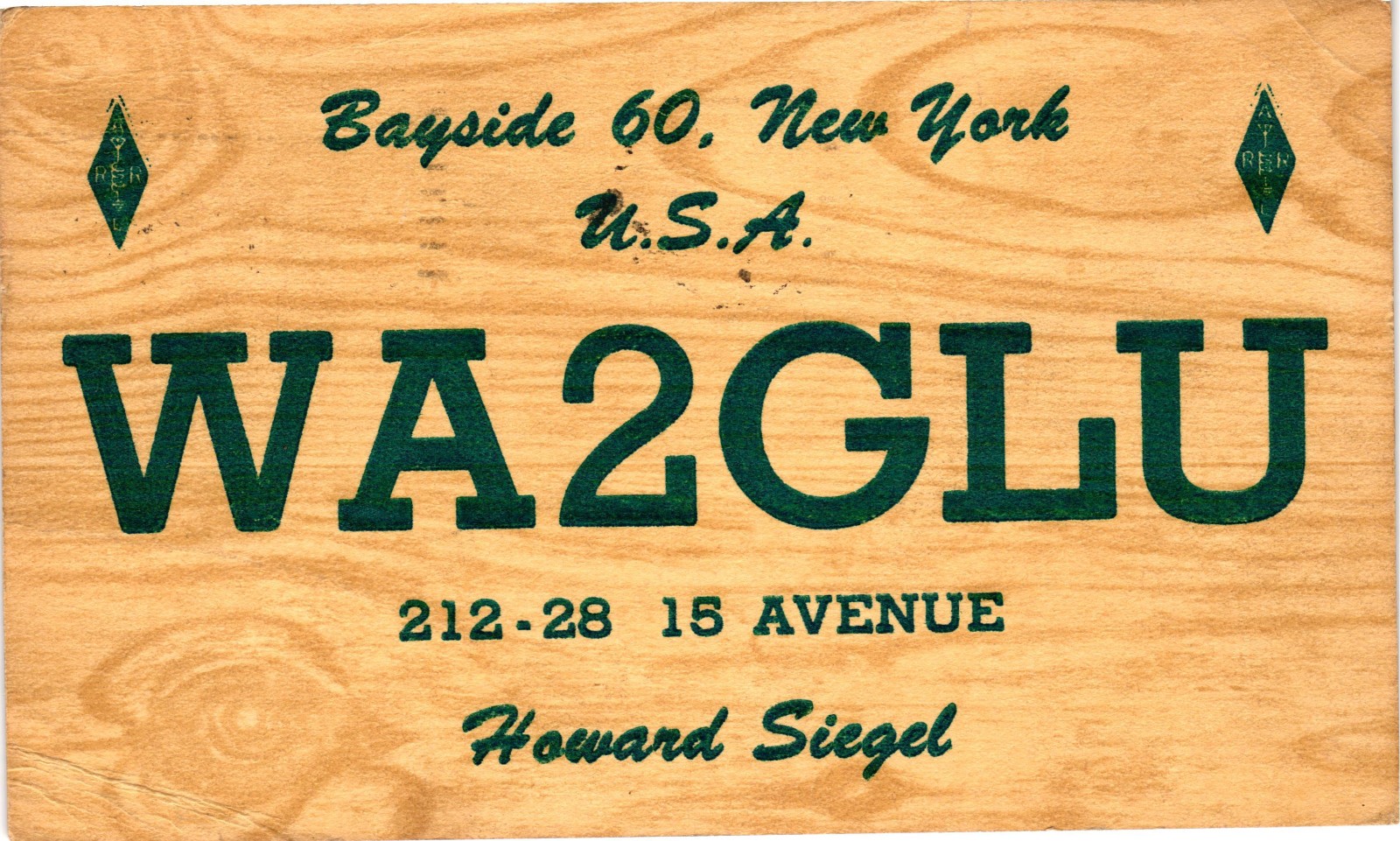 Vintage 1960 WA2GLU Bayside NY Ham Radio QSL Card K2LWM Posted ARRL