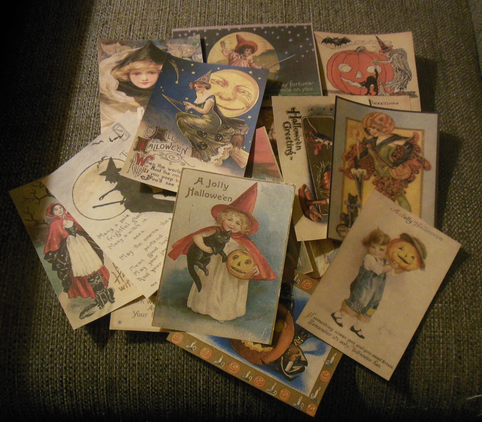 Set of 16 LARGE Primitive/Vintage  Halloween images from old postcards Set #1