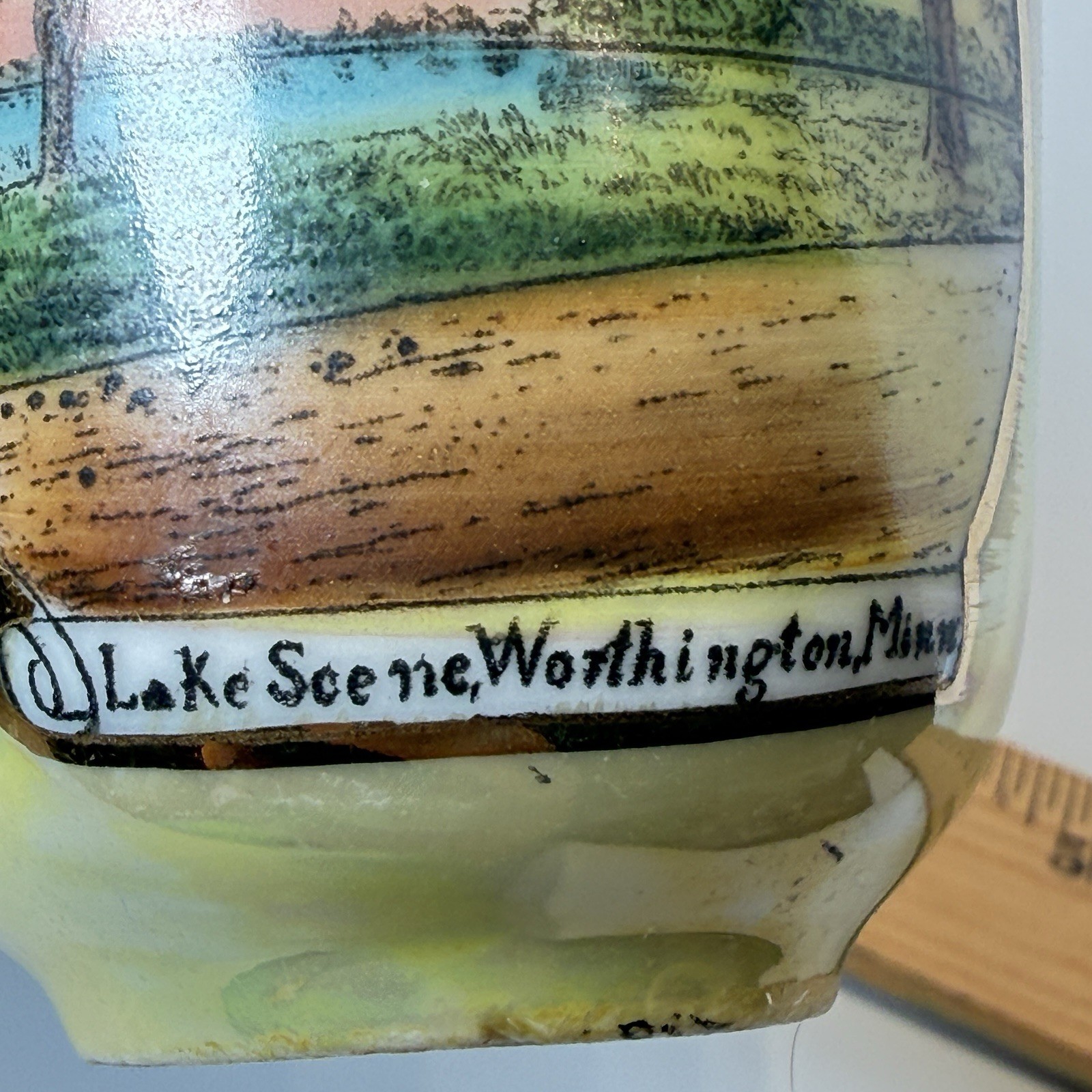WORTHINGTON MINNESOTA MN Antique LAKE SCENE Souvenir TRINKET PAINTED CUP