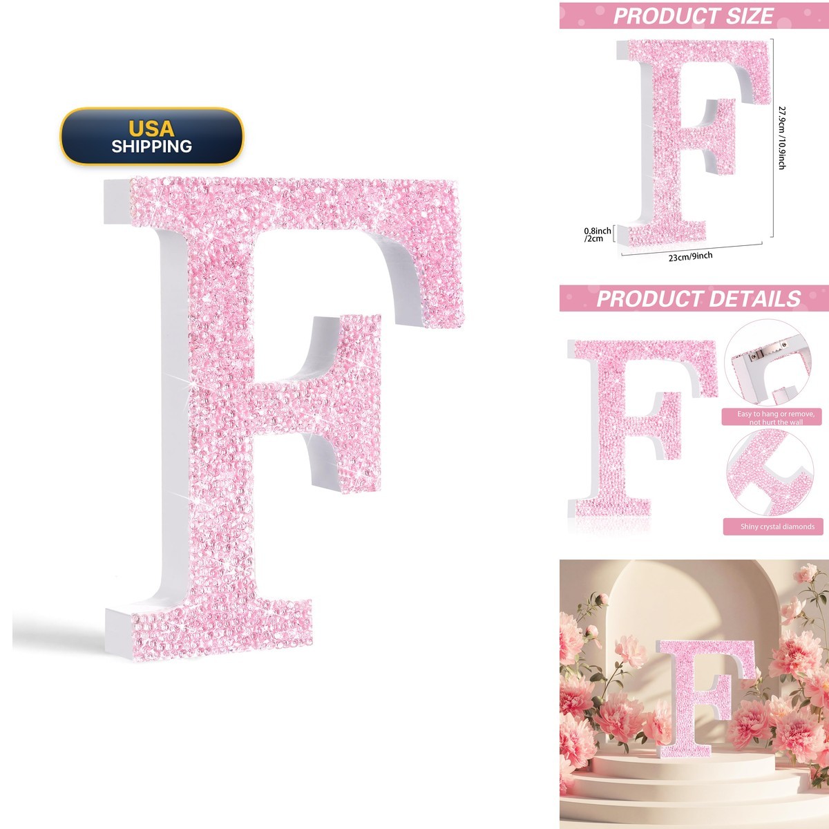 Qunclay 12\'\' Pink Rhinestone Letter F Bling Glitter Crushed Diamond Decor