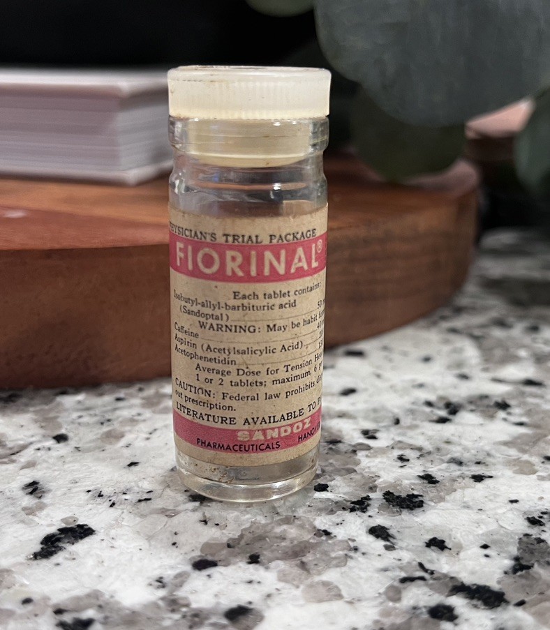 Sandoz Fiorinal EMPTY VINTAGE Barbiturate Medicine Sample Bottle RARE Pharma