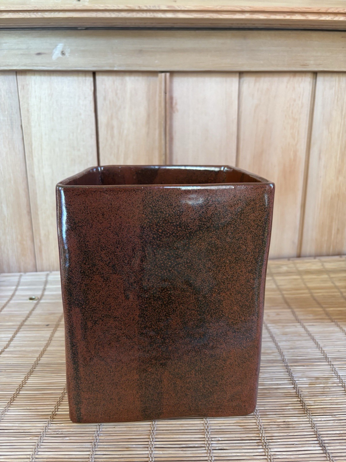 Square Planter Or Vase In A Mottled Red-Brown Shiny Glaze - 7ish”x7”x9”