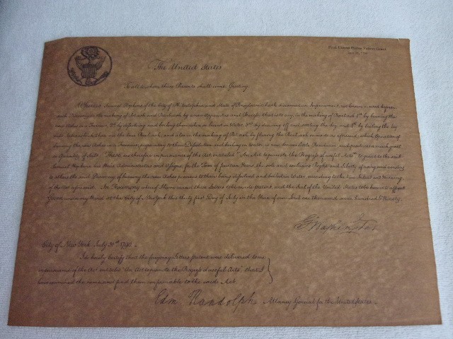 VINTAGE A COPY OF THE FIRST U.S. PATENT ISSUED IN 1790
