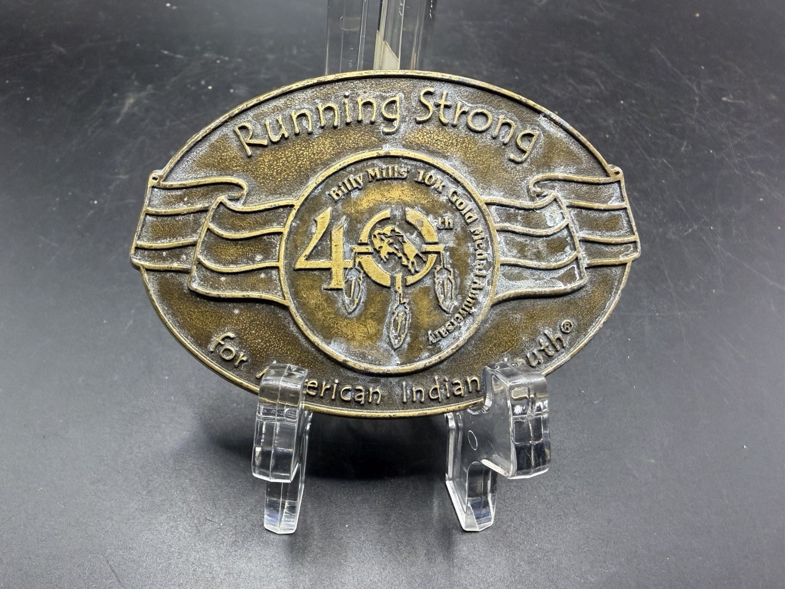 Running Strong Belt Buckle Billy Mills 40th 10K Gold Medal Anniversary