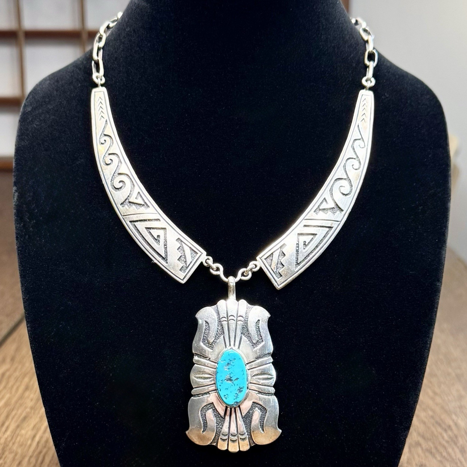 Vintage Thomas Singer Sterling Silver Turquoise Navajo Statement Necklace 85g