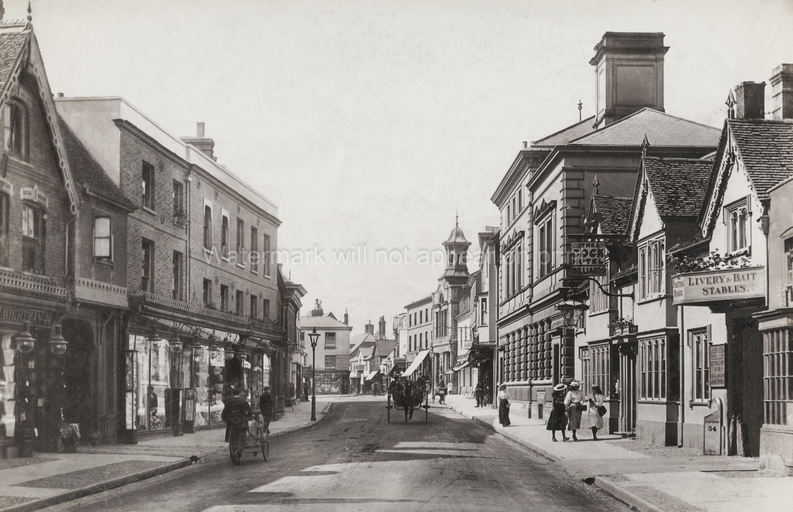 Hitchin Hertfordshire High Street Shops Cock Hotel People Vtg. Photo 19thC.